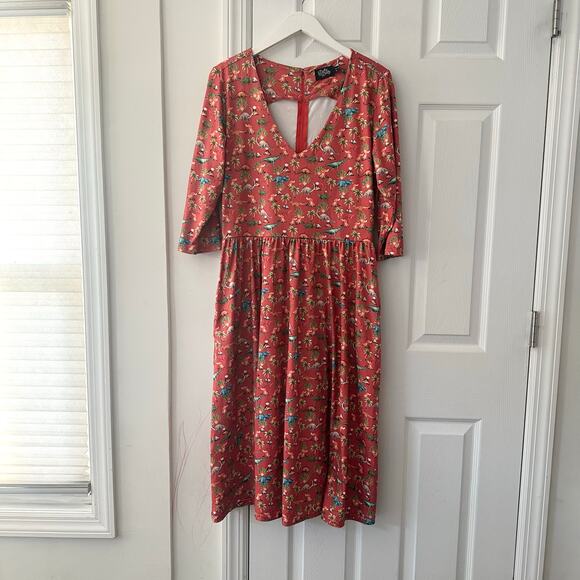 Dolly and Dotty Unique Vintage Red Billie Dinosaur Volcano Flared Midi Dress 10 - Picture 2 of 13